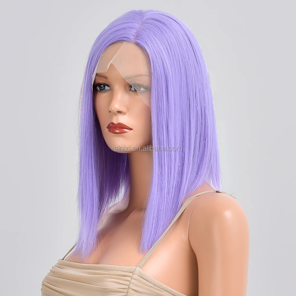 Ainizi wholesale high quality fashionable short bob straight 14' light purple synthetic T part lace front wig for women
