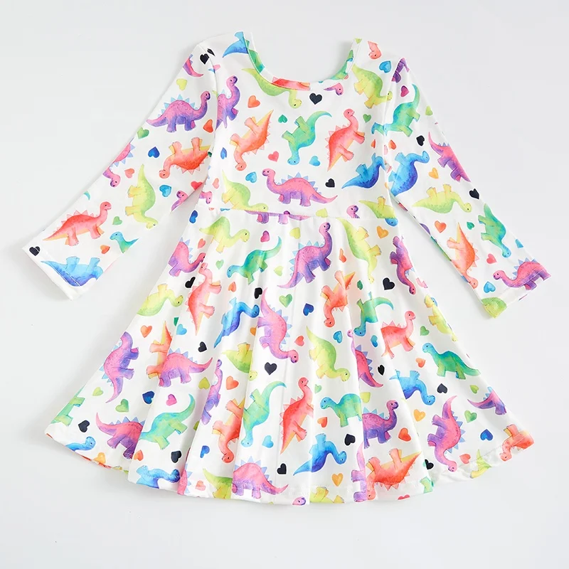 Girlymax 2023 Multicolored Dinosaur Lovely Valentine Day Long Sleeve and Knee Length Baby Girls Dresses