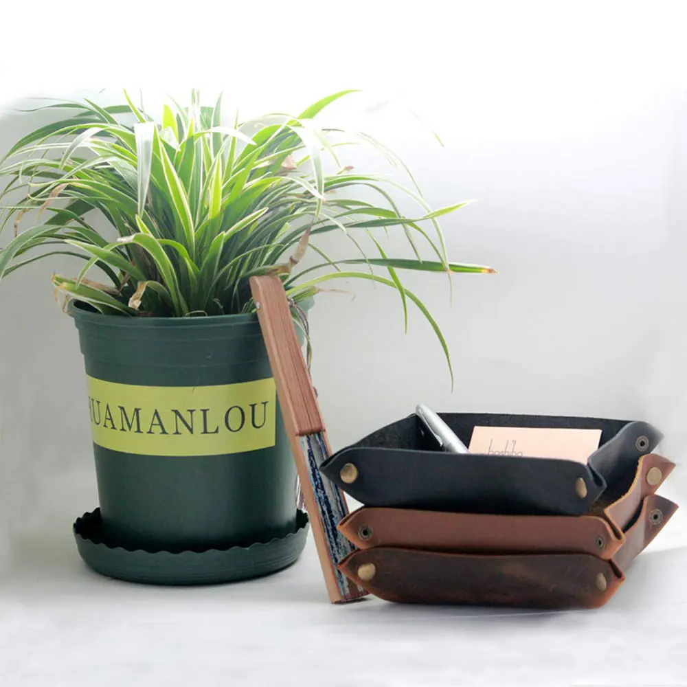New Design Leather Folding tray for Men Leather Jewelry Catchall Key Phone Coin Box Change Caddy Bedside Storage Box