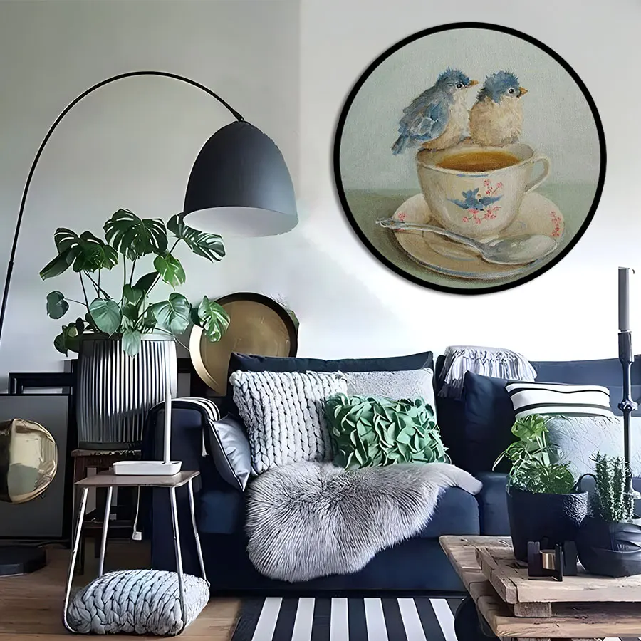 Original Art Custom Handpainted Modern Beautiful Bird with Cup Oil Painting Animal Home Wall Decor