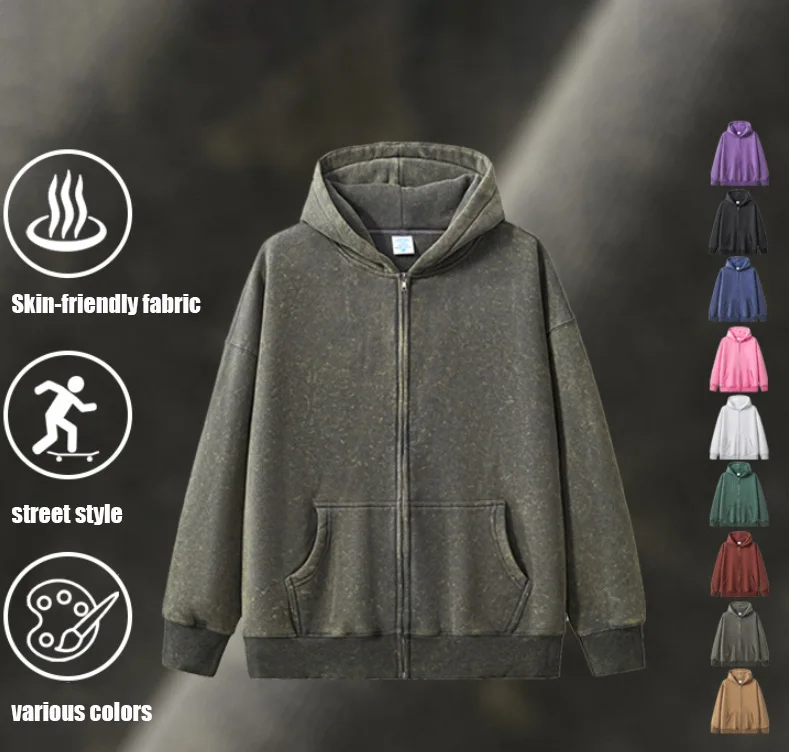 High Quality Metal Zipper 350G Velvet Mens Ribbed Cuff Custom Hoodie Long Sleeve Zip Up Hoodies