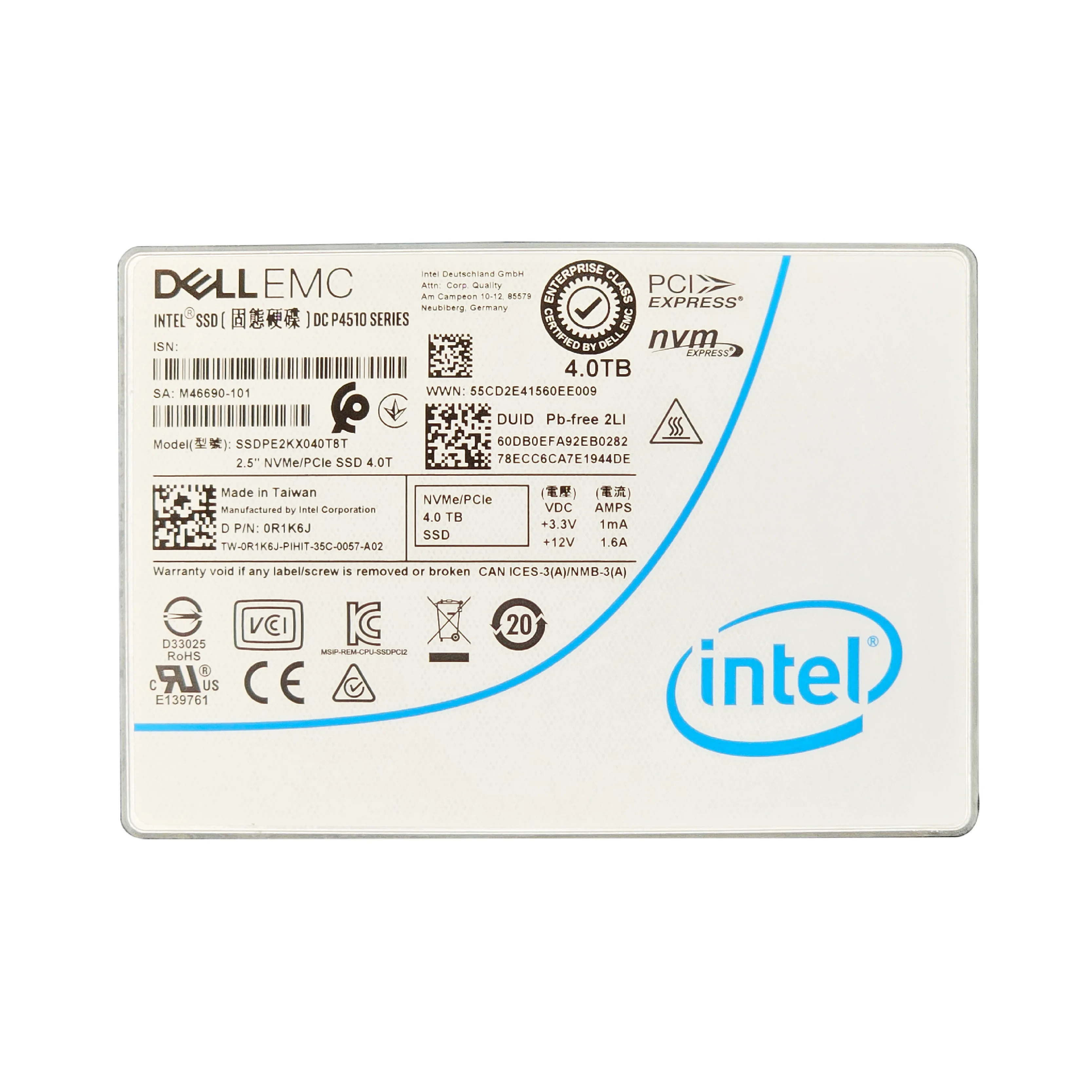 Intel  del l P4510 4TB U.2 Ports SSDPE2KX040T8T  DP/N:0R1K6J Read: 3000MB/S