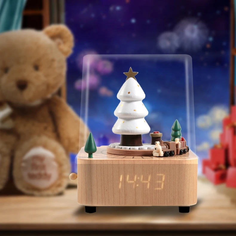 Dolphin Industry BR Custom Christmas Orgel Clock Music Boxes Wind Up Wood Music Box With Rotating Small Train And Time Display