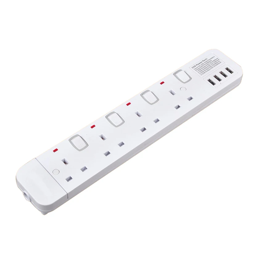 British With 4 USB  Individual Switch 250V 13A  UK Pin Plug And Cable 4 Sockets Extension Lead