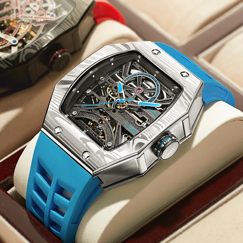 JINLERY Square Skeleton Automatic Mechanical Watch with  Waterproof Luminous Sapphire Mirror Wrist Watches For Man