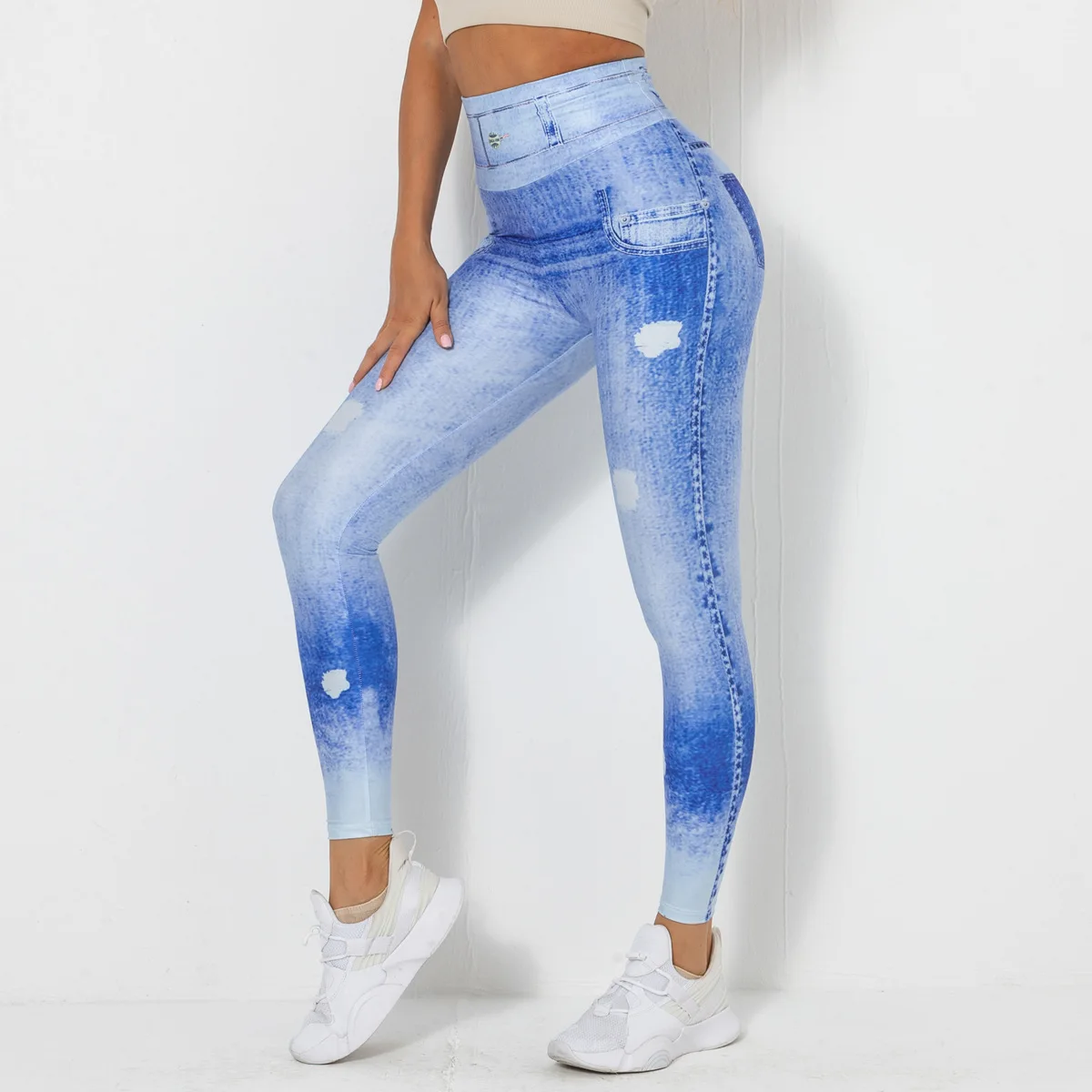 Wholesales Designer Denim Gradient Jeans Pants High Waist Shape Women Butt Lifting Yoga Leggins Tight Sports Fitness Yoga Tights