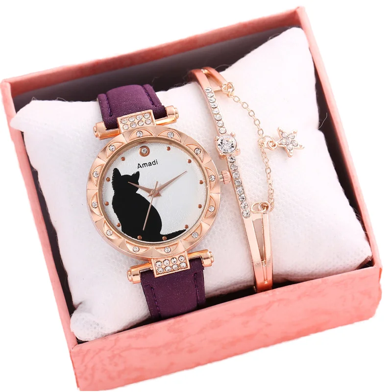 E-18 Quartz Wrist Watch Black Cat New Diamond Girl With Box Montre-bracelet a quartz simple chat noir et bracelet avec boite