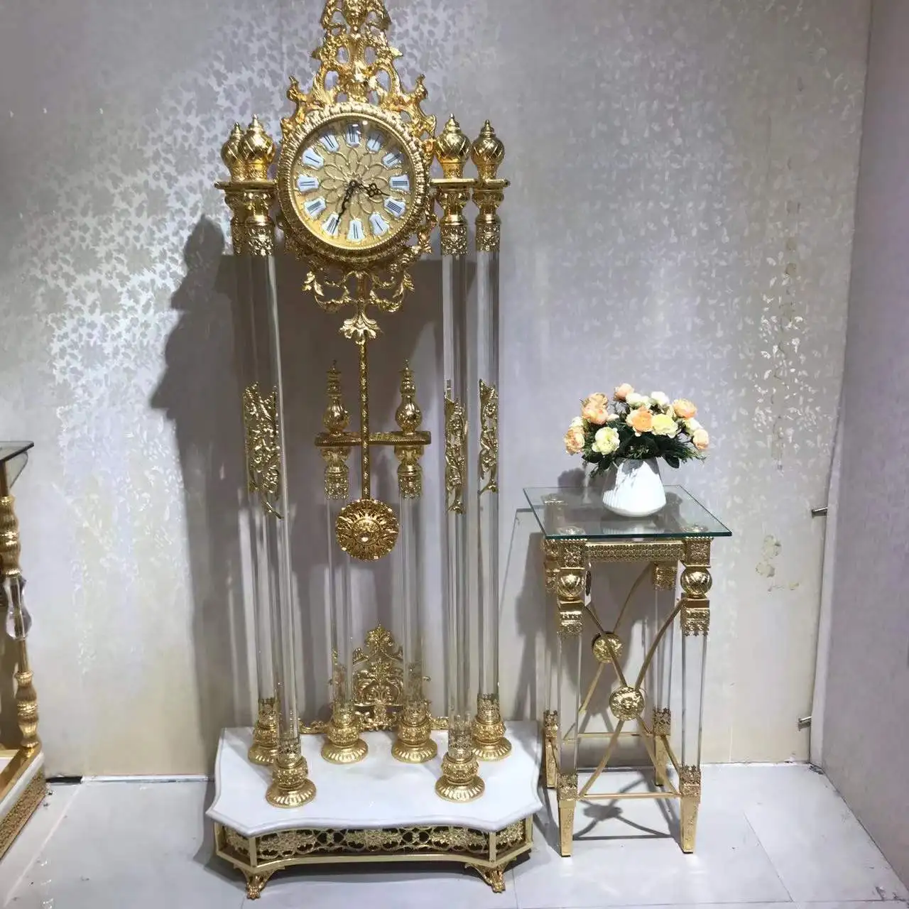 Grandfather Clock Golden Copper Black Crystal Deluxe Antique Floor Antique Royal Clock Floor