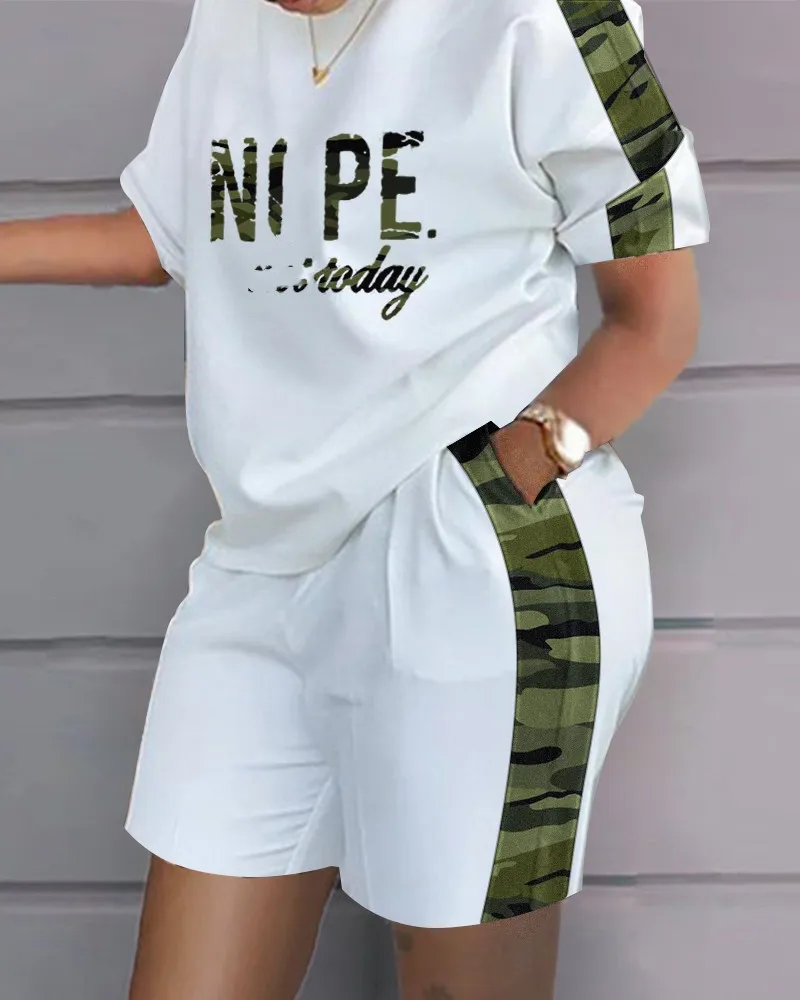 Женский повседневный комплект из двух предметов, короткий топ с буквенным принтом и шорты, летний комплект из двух предметов, 2023