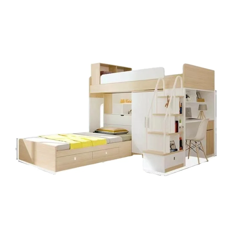Solid wood bed Staggered type children bed fluctuation funky bunk bed two straton in upper and l wardrobe chest