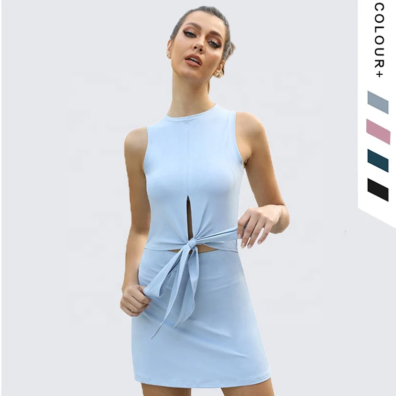 2022 women New summer sports dress nylon waist hip hollow sexy tennis skirt badminton yoga dance gym shirts with shorts pocket