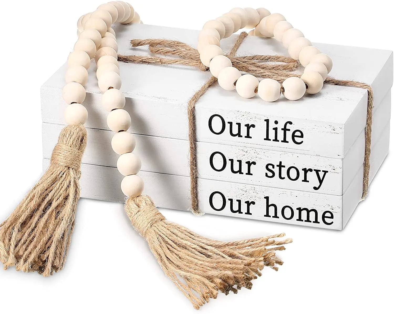 3 Pieces Decorative White Books Set Wood Book Stacks Our Life Our Story Our Home