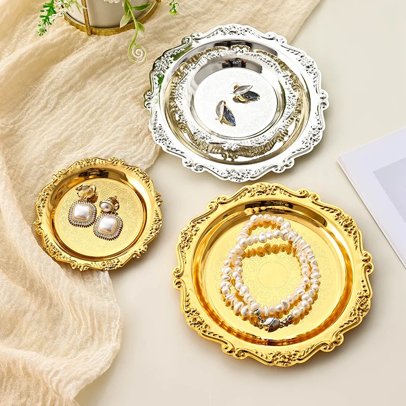 European Banquet High-End Luxury Metal Silver Plated Tableware Retro Dinner Gold Silver Decorative Jewellery Tray Dessert Cake