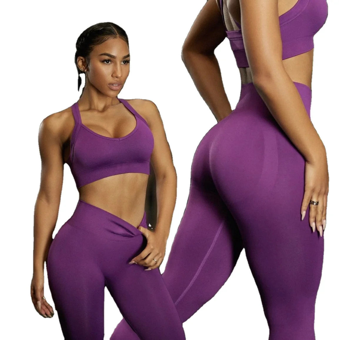 Custom Seamless Solid Color Sexy Wholesale Yoga Wear Workout Long Sleeves Short Sport Scruch Pant Leggings Fitnesswear Set Women