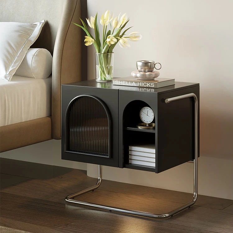 High quality Nordic Modern Durable Bedroom Furniture Metal Display Cabinet Nightstand Glass Bedside Table