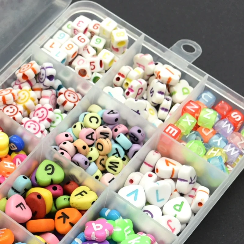 New Design 15 Grids Letter  Number Plastic Acrylic Round Cube Smile Face Flower Alphabet DIY Beads Kit For Jewelry Making
