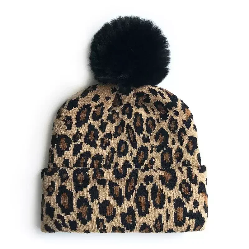 Wholesale New Lady Cheetah Leopard Pom Pom Knitted Hat Fashion Women Kids Winter Hats Toddler Kids Baby Beanies