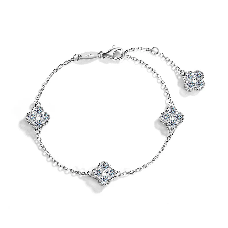 Dropshipping Custom Moissanite Bracelet 18K White Gold Plated Luxury S925 Silver  Moissanite Four Leaf Clover Bracelet women