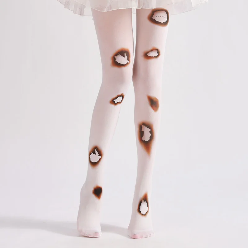 Novelty Lolita Leggings Tights Hosiery Novelty White Silk Sheer Pantyhose New Designer Burning Pattern Stockings for Girls