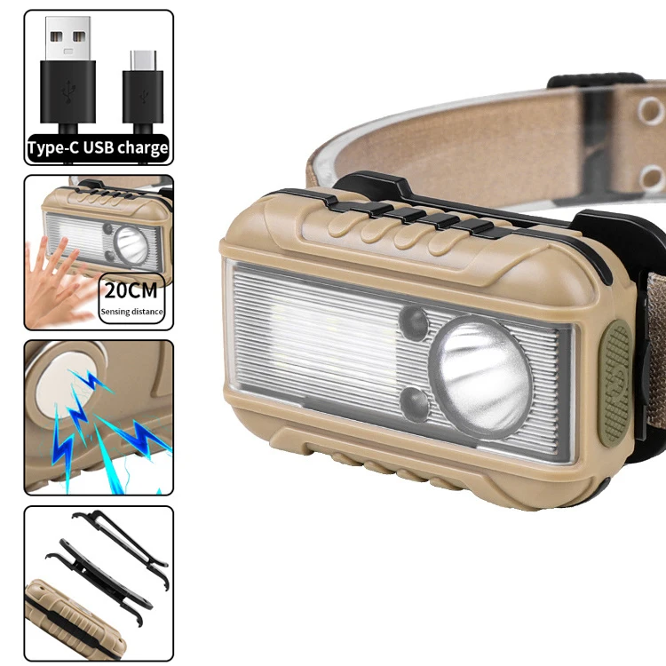 Multi-functional Type-C Charging LED Sensor Headlamp Red and Blue Warning Emergency Lamp with Clip