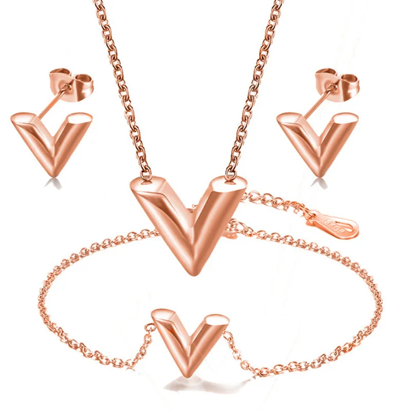 Europe & United States New Titanium Steel V-shaped Three-dimensional Letter Fashion Necklace Bracelet Earrings Jewelry Sets