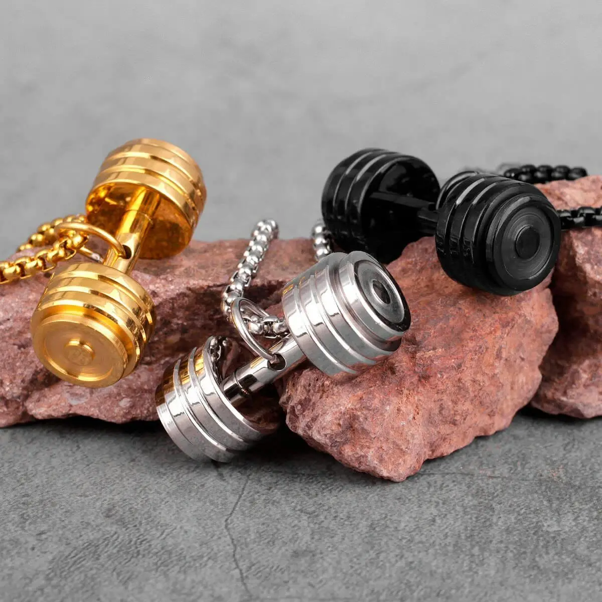 Mens Stainless Steel Barbell Gym Weight Lifting Dumbbell Necklace Pendant