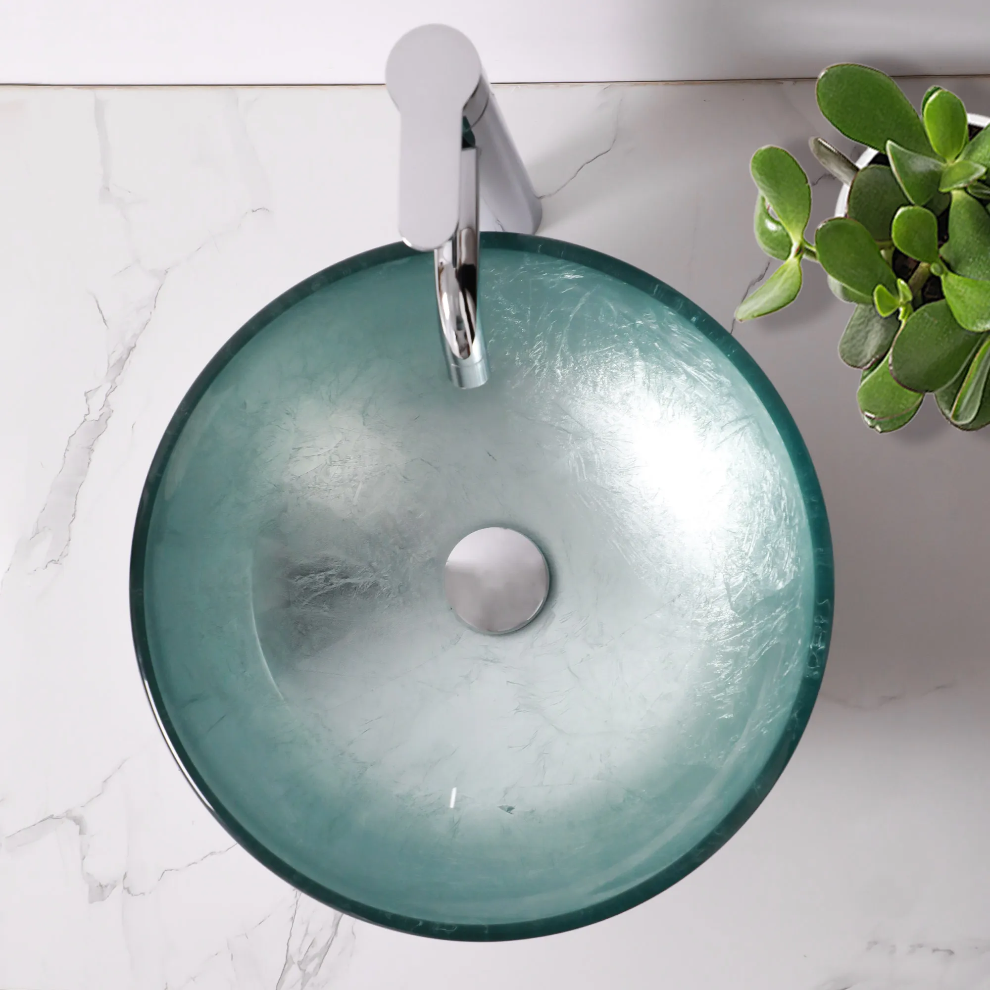 Glass Vessel Sinks Contemporary Round Basin Foil Covered Tempered Glass Bathroom Sink with Waterfall Faucet