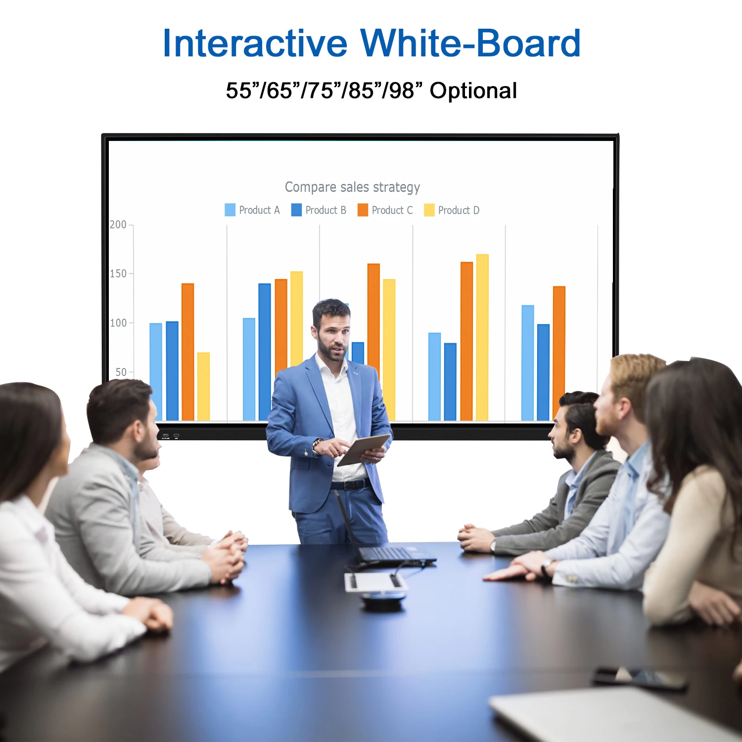 HUAYU 85 Inch Flat Panel Interactive Smart White Board 4K Hd Lcd Display Digital Infrared Touch Screen Wall Mounted Monitor