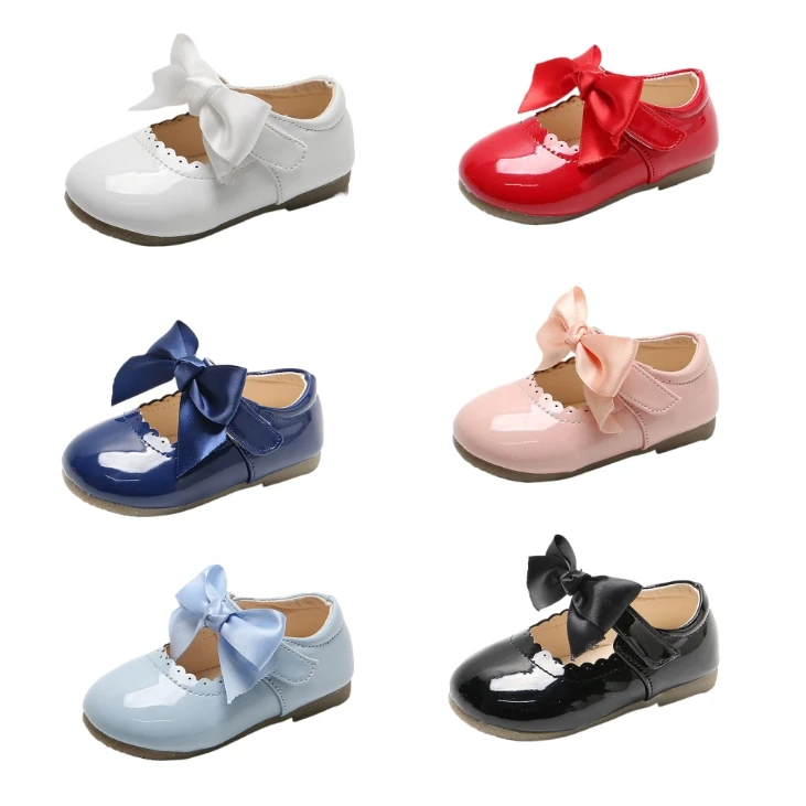 Formal party shoes wholesale solid color delicate  comfortable princess hook& loop sweet bowknot shoes for little girls kids