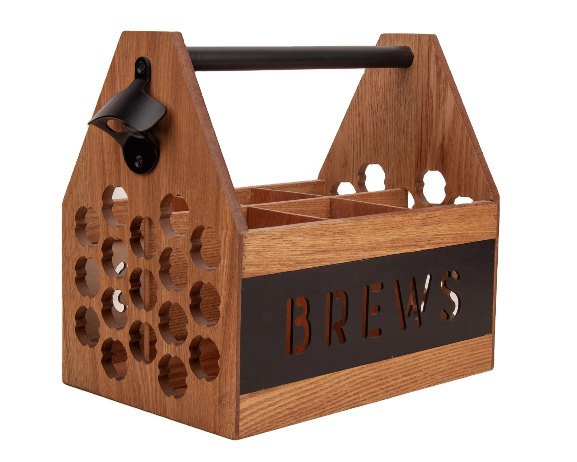 6 Packs Beer Red Wine Soda Wooden Bottle Caddy Carrier With Built-In Metal Opener