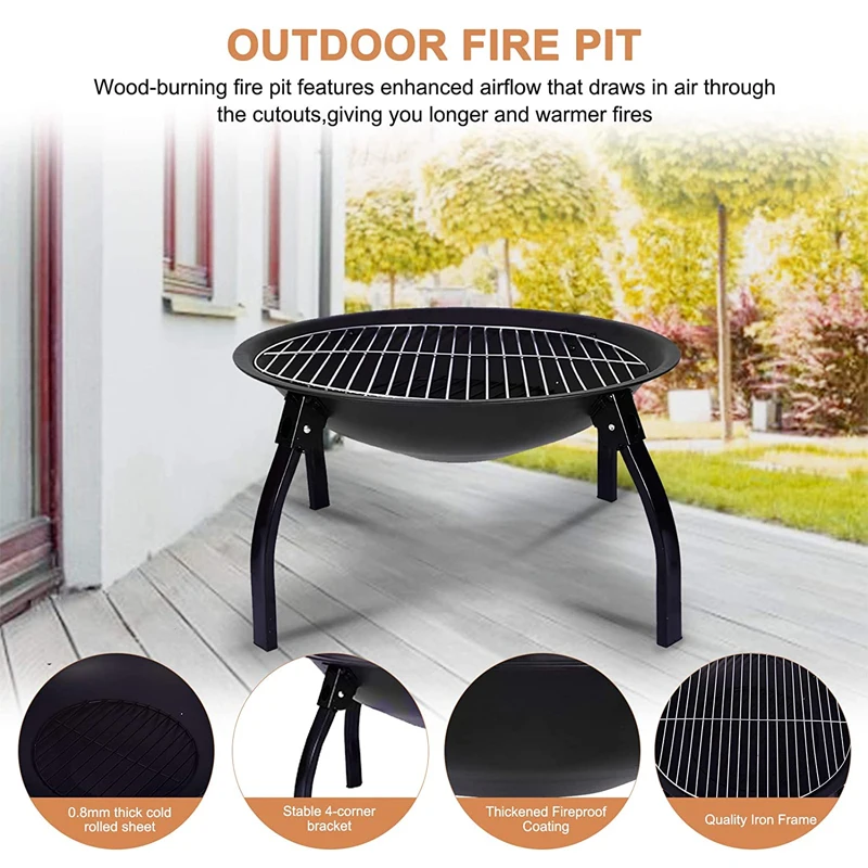 Customized OEM/ODM 48cm wood burning firepit with BBQ grill outdoor fireplace steel fire pit bowl round wood-burning pit