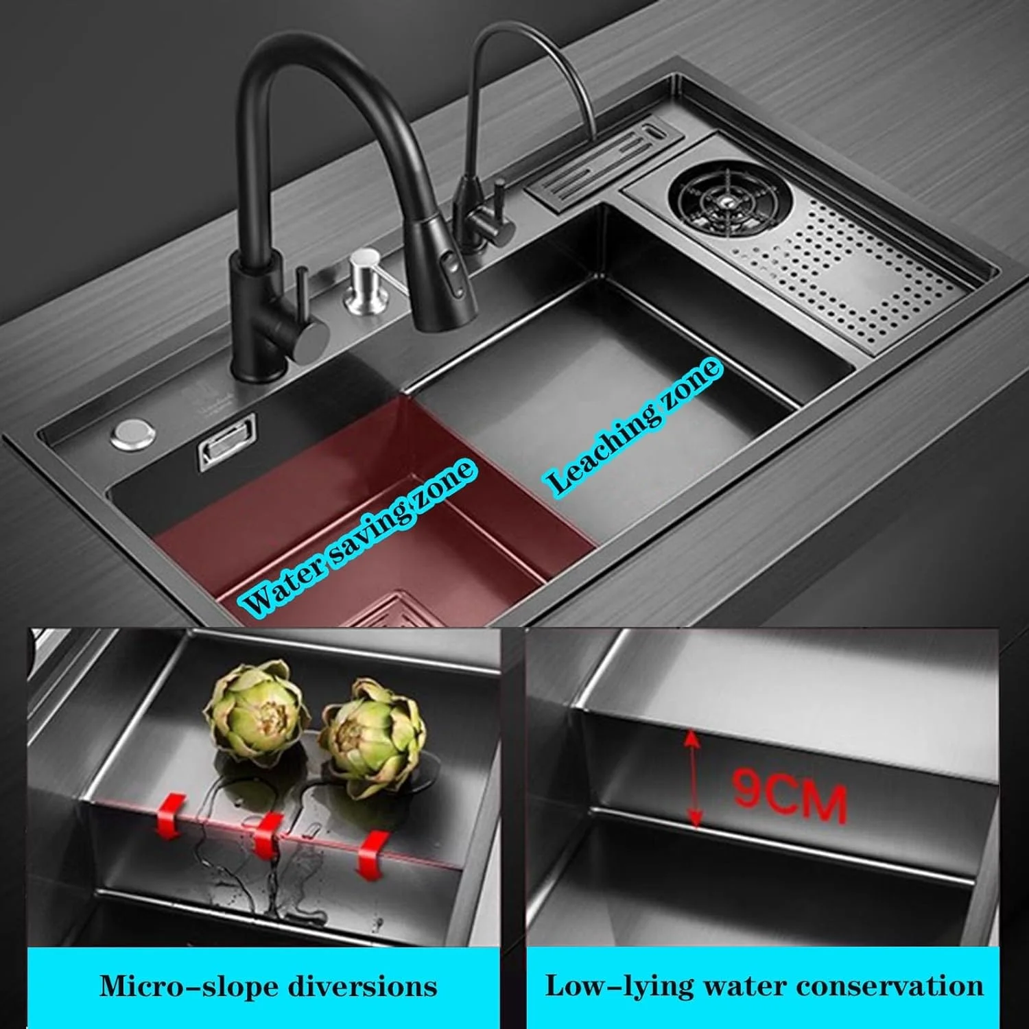 Manufacturer Stainless Steel Anti-scratch Handmade single bowl sinks dish storage rack smart sink kitchen with glass rinser