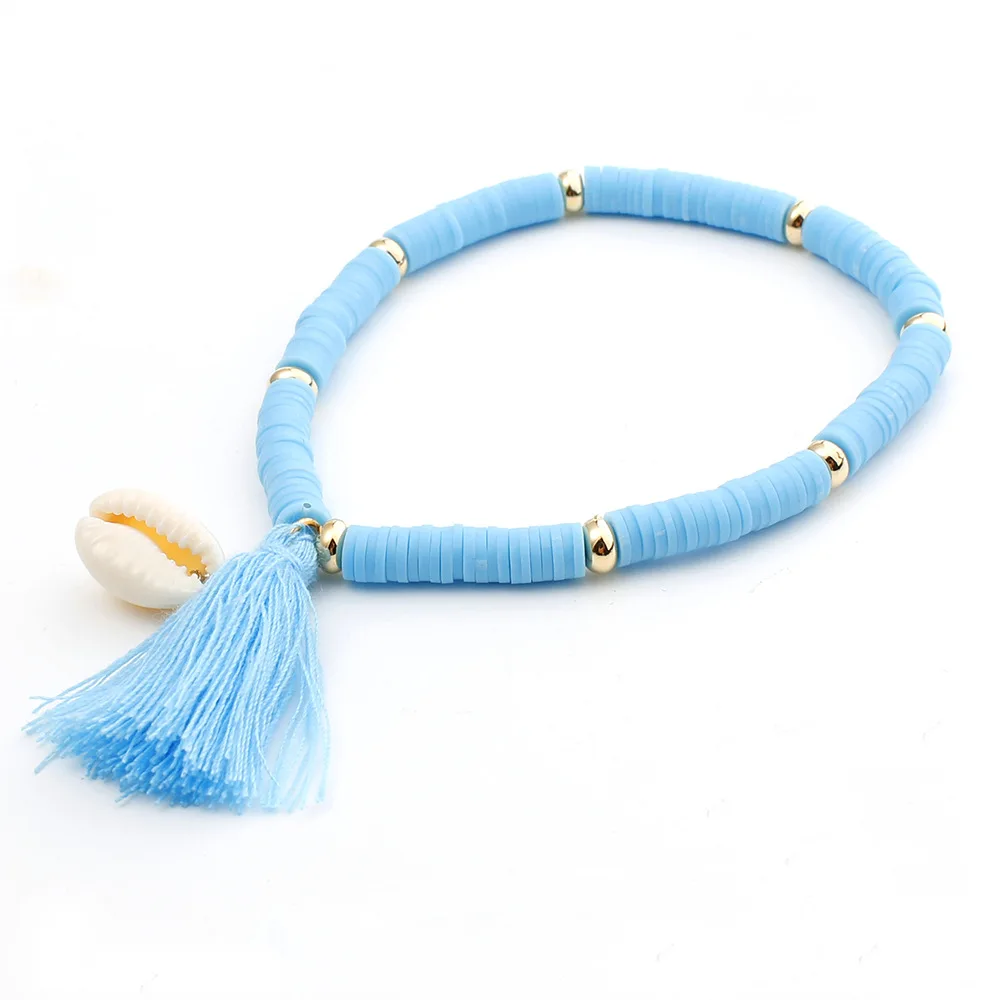Soft Pottery Polymer Clay Bracelets Colorful Beads Shell Tassel charm Bracelet Beach Charm Elastic beads bracelet