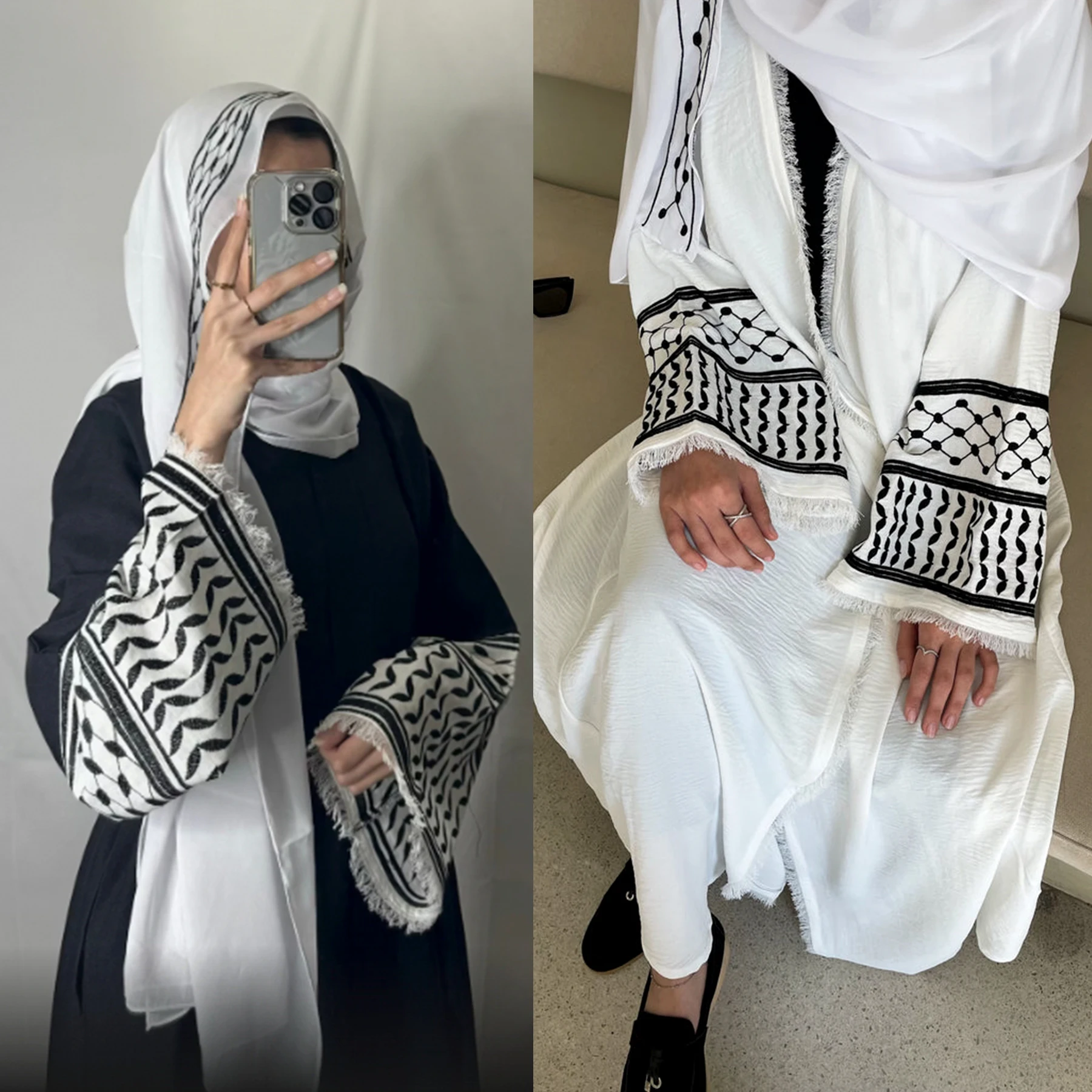 2024 New Soft Crepe Embroidery Palestine Kefiyyeh Abaya Ramadan Tassel Dubai Abaya Women Muslim Dress Modest Islamic Clothing