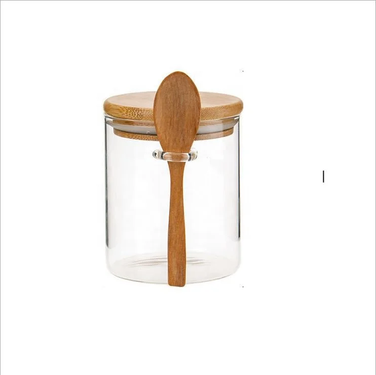 
Square Round food glass jar with bamboo cover and wooden spoon store candy cookies and other food 