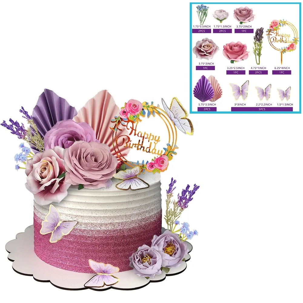 17 Pcs/Set Artificial Flower Fan Butterfly Cake Topper Decoration Set for Happy Birthday Party Cakes Decor