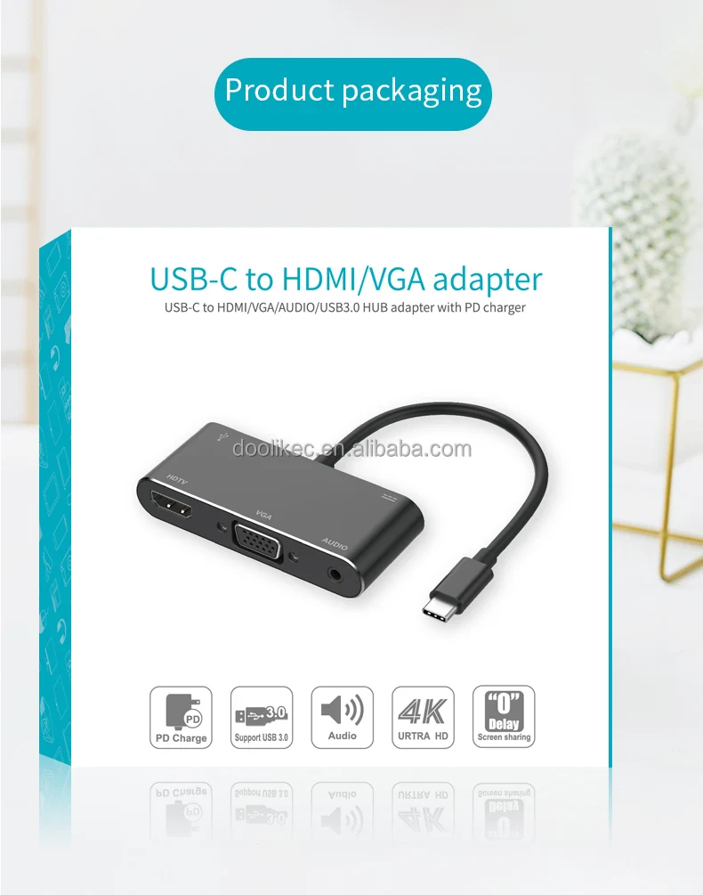 1080P Converter  USB-C to HDMI VGA 2K Adapter 3.1 Type C Cable