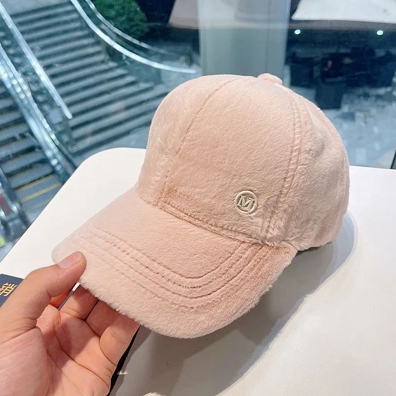 2023 Winter New M Letter Baseball Cap Thickened Warm Rabbit Mink Feather Winter Baseball Cap For Women