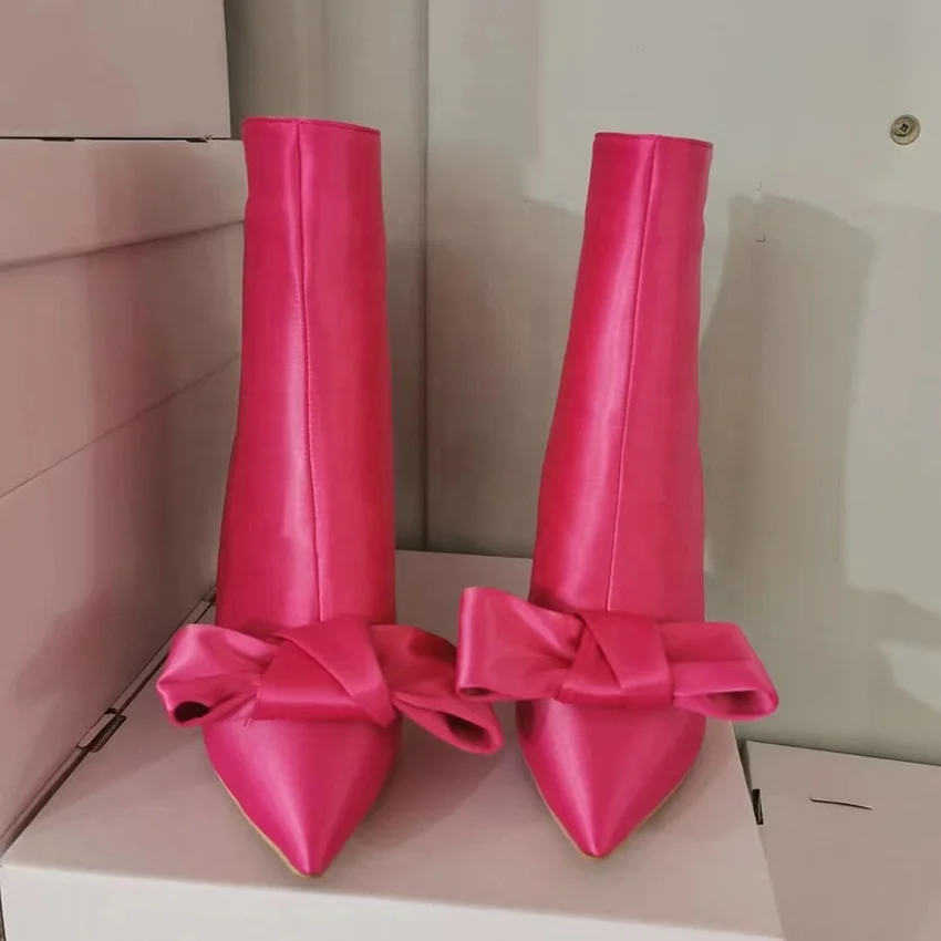 Elegant Blue Women Half Knee High Boots Comfy Silk Stain Upper Thin High Heel Mid Calf Boots Pointy Toe Bow-tie Women Shoes