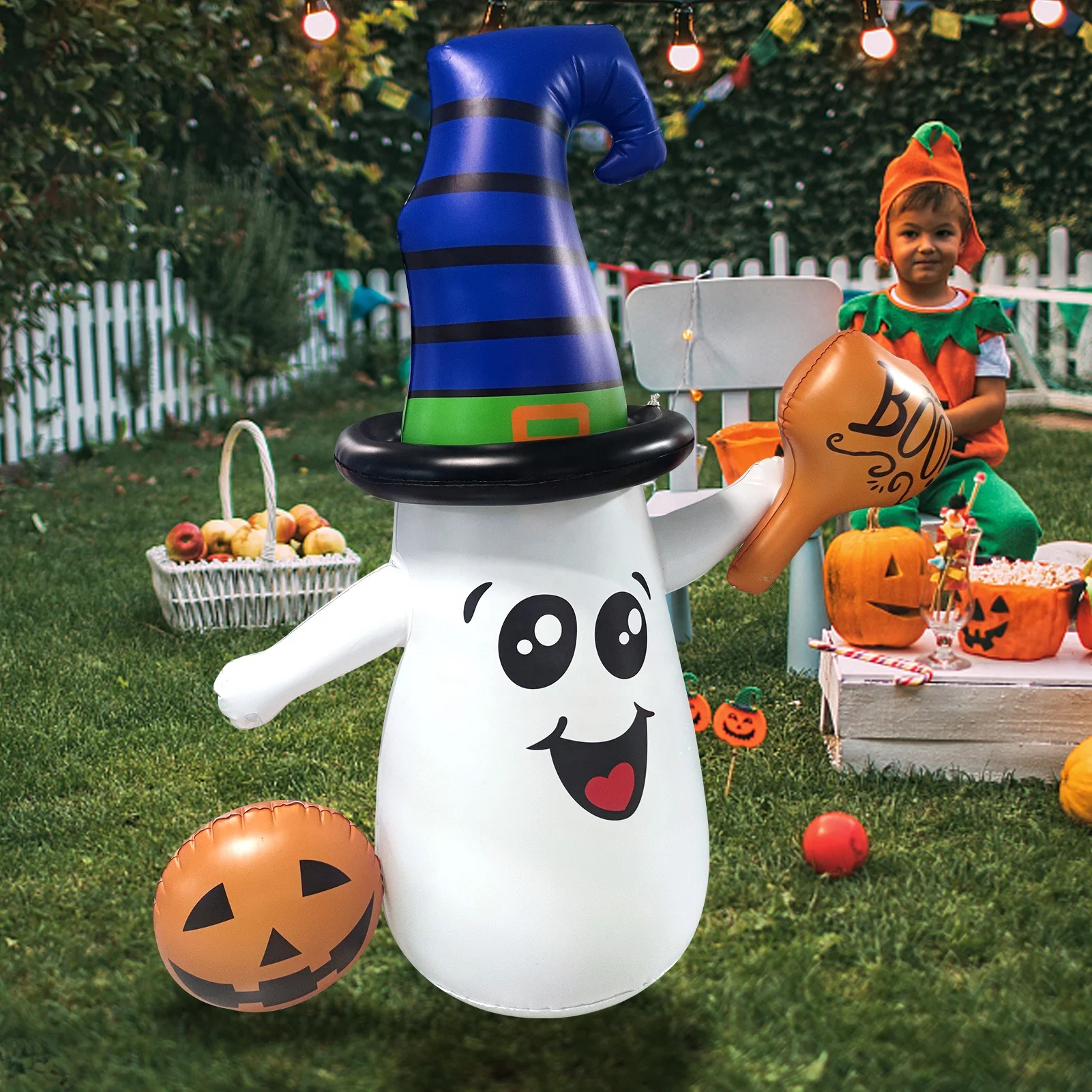 5ft Height Halloween Inflatable LED Lighted White Ghost with Pumpkin Lantern Outdoor Lawn Yard Decoration