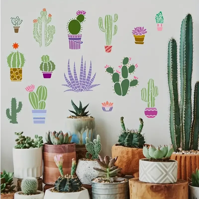 16pcs Cactus Stencil For Painting Tropical Cactus Stencil Cacti Template for Children Room Wall With Metal Open Ring
