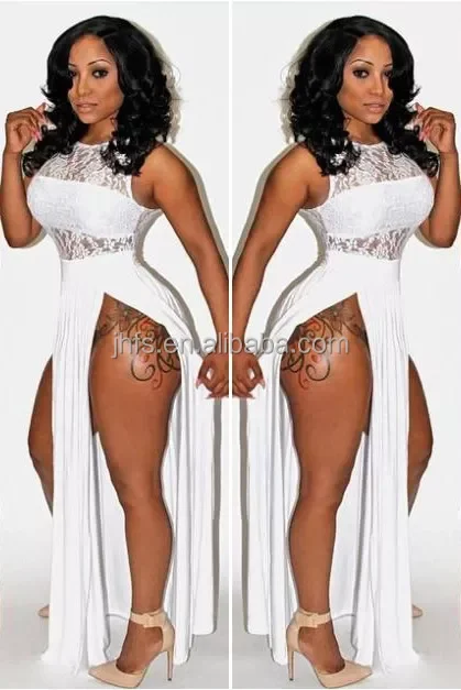 J&H fashion high waist sleeveless lace dress with double slit ladies sexy elegance evening dress