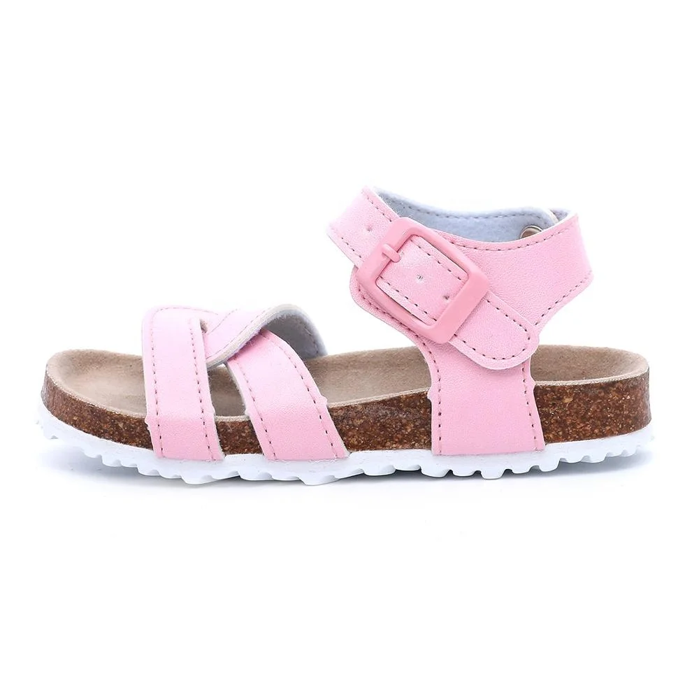 High Class Quality Girls Pink Flat Cute Sandals for Toddler Kids Children with Soft Cow Leather Insock Cork Sole Foot-bed