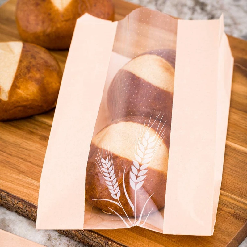 Bakery printing paper bag clear window takeaway donut toast bread snack packaging sandwich logo white brown kraft food paper bag