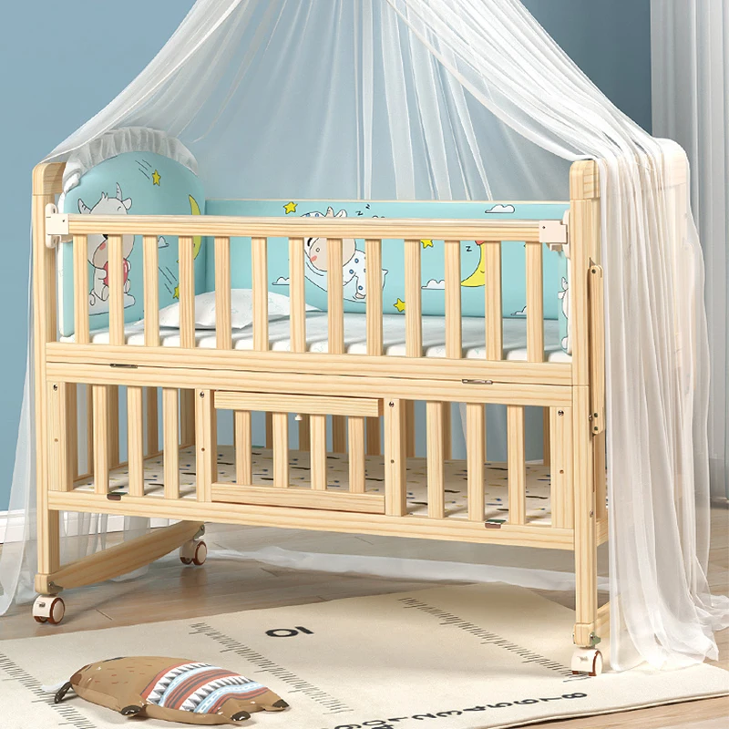 Crib solid wood unpainted baby bed multifunctional bb newborn child stitching big bed shaker cradle