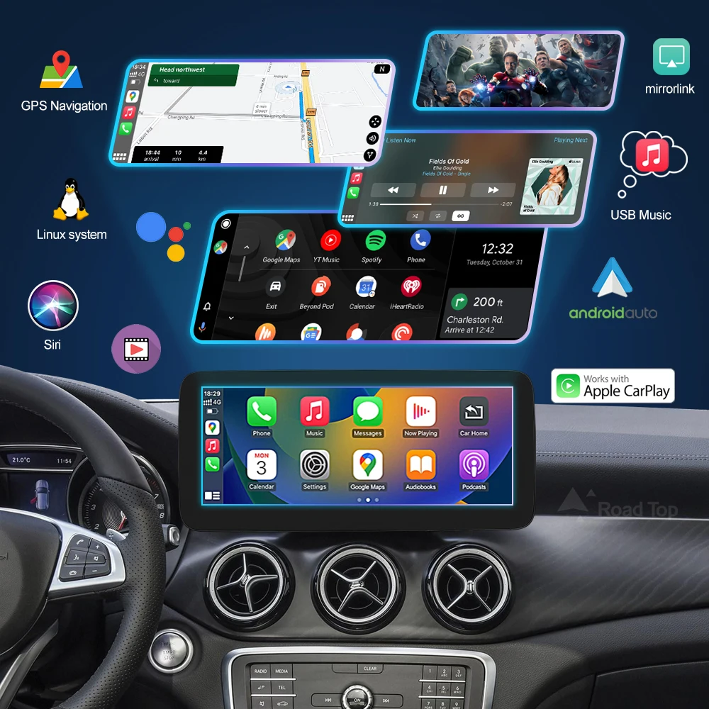 Road Top Wireless CarPlay Android Auto Multimedia Display Screen for Mercedes-Benz A B CLA GLA Class W176 W246 2016-2018 NTG5.0