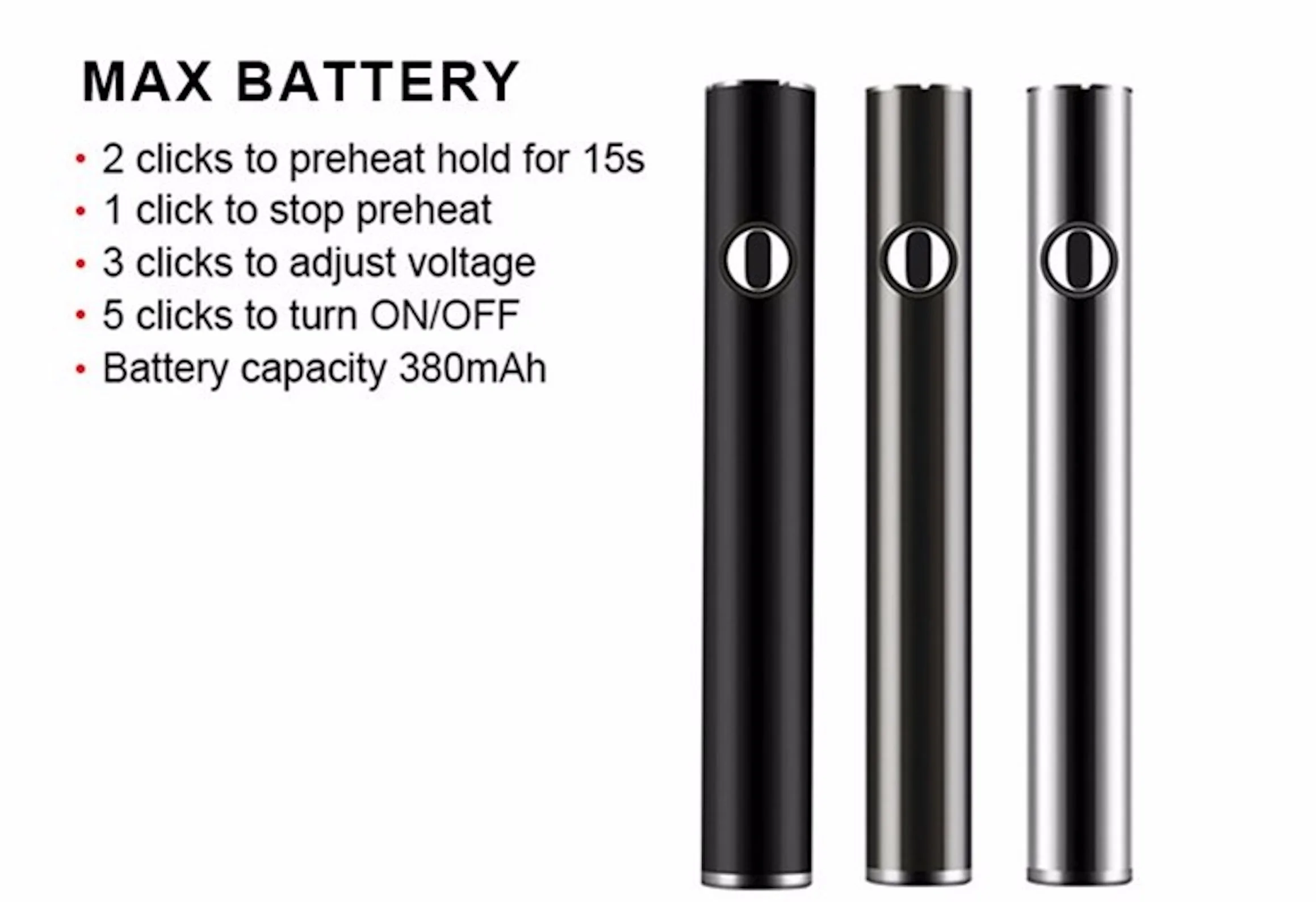 
Max Battery 380mAh Capacity Suit To Liberty Cartridge 510 Thread cbd oil Vape Pen 