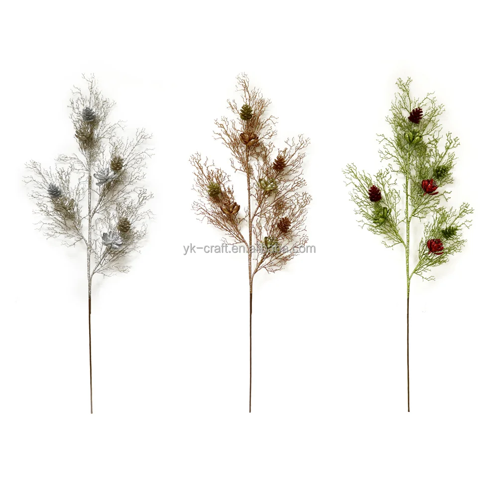 Wholesale Plastic Gold Leaves Picks Pine Cone With Red Flowers Spray Glitter Branch Xmas Decoration Long Pick With Led Lights