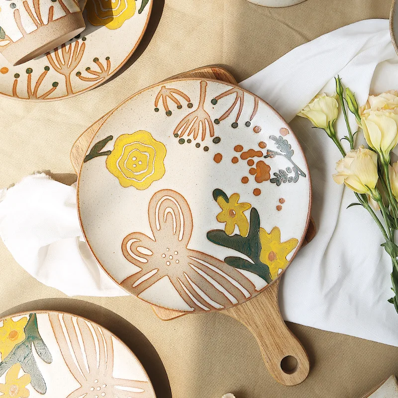 Hand-painted ceramic tableware coarse mug ceramic plate ins flowers hand-painted dishes set