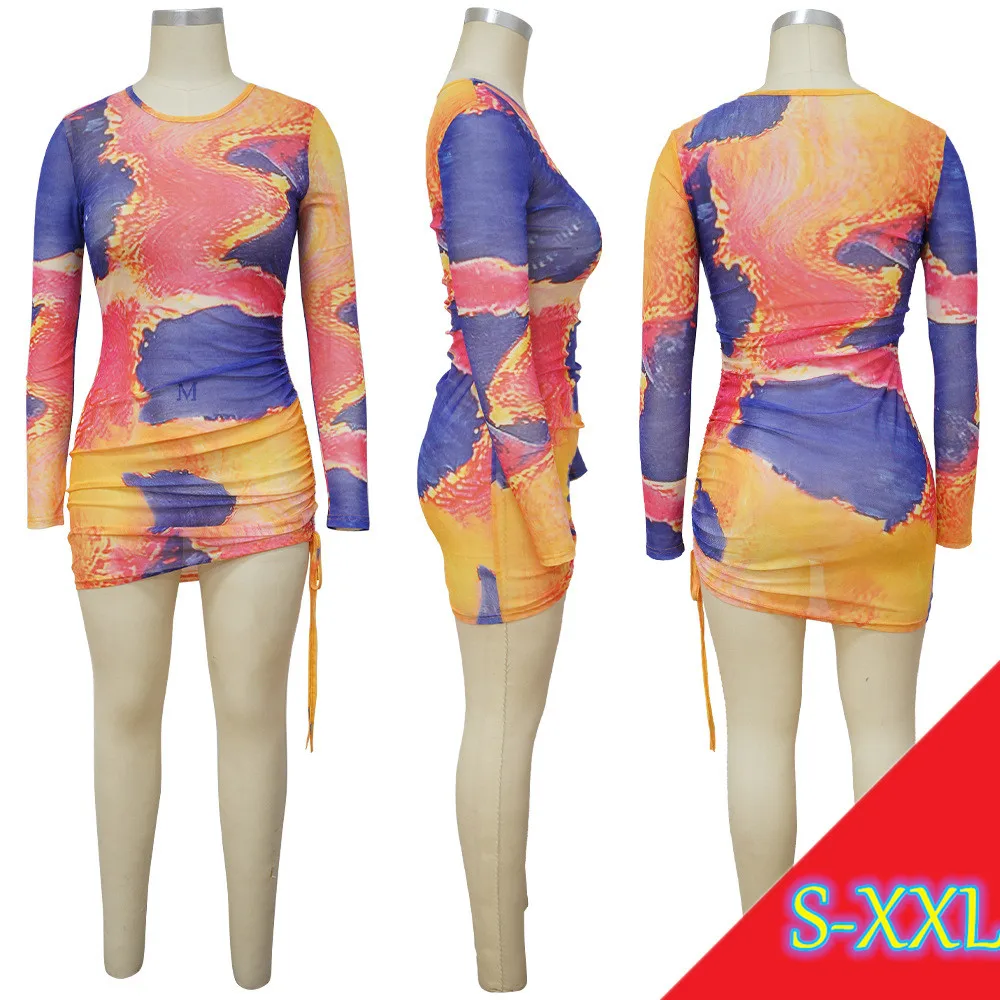 MISS Q K9986 Fall 2021 women clothes Explosive new casual dresses tie dye printed round neck drawstring dress womens dresses